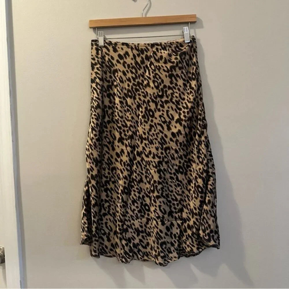Sienna Sky Satin Leopard Print Midi Skirt Animal Print Medium